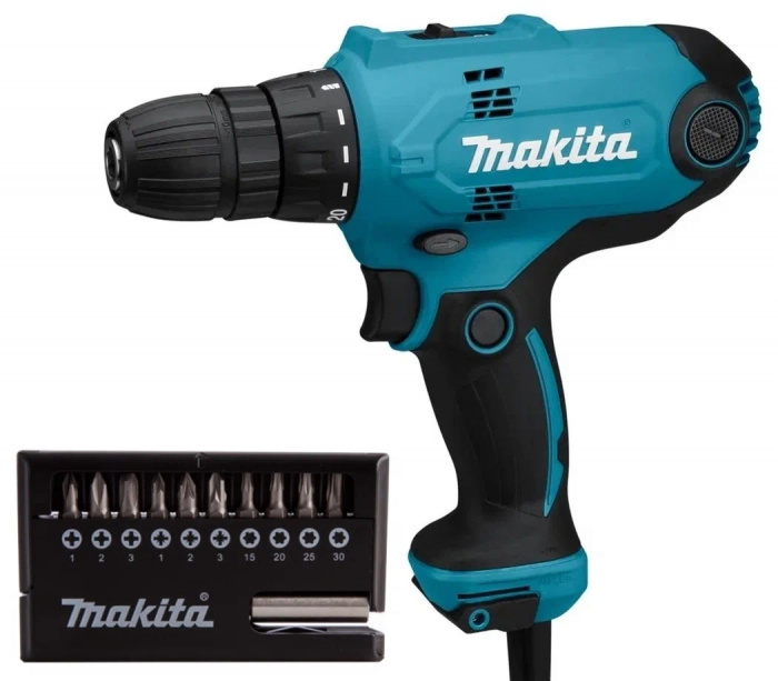 Дрель-шуруповерт MAKITA DF0300X2 (320Вт; БЗП 10мм; 56Нм; 1500об​/​м; 1, 2кг) +оснастка