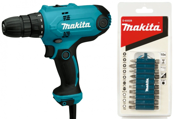 Дрель-шуруповерт MAKITA DF0300 (320Вт; БЗП 10мм; 56Нм; 1500об​/​м; 1, 2кг) +оснастка (DF0300X3)