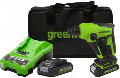 Акк перфоратор GREENWORKS GD24SDS1K2 (24В; 1х2, 0Ач; 1, 2Дж) (3803107UA)
